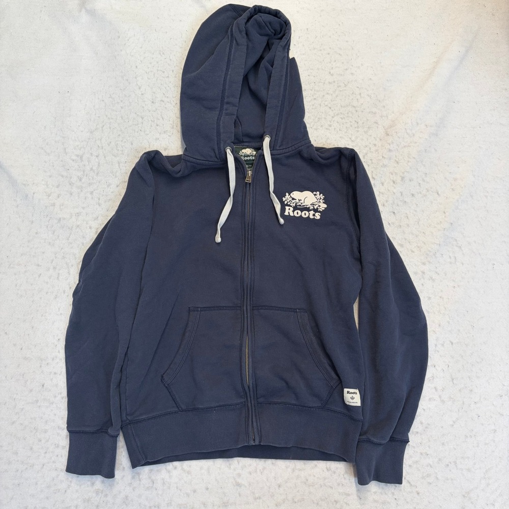 Roots Full Zip Hoodie Womens XS Navy Blue Beaver Logo Fleece Long Sleeve